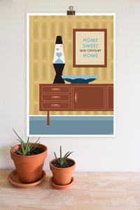 Home Sweet Mid-Century Home in Blue - Art Print